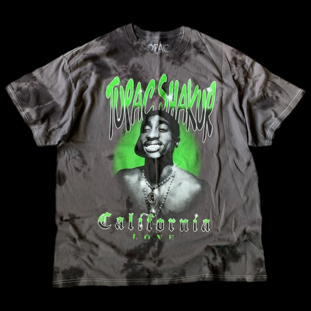 2pac Vintage-Style Black Tie-Dye Graphic Tee with Neon Green Print